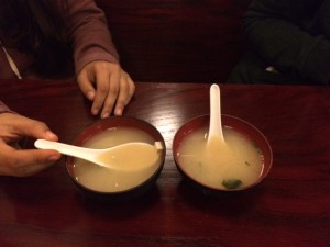 Before the main part of the meal, the chicken teriyaki bowl, customers are served a bowl of steaming miso soup.