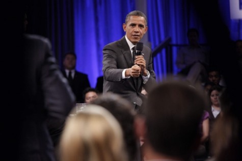 President Barack Obama answers an audience members question during a Town Hall meeting sponsored by LinkedIn at the Computer History Museum in Mountain View