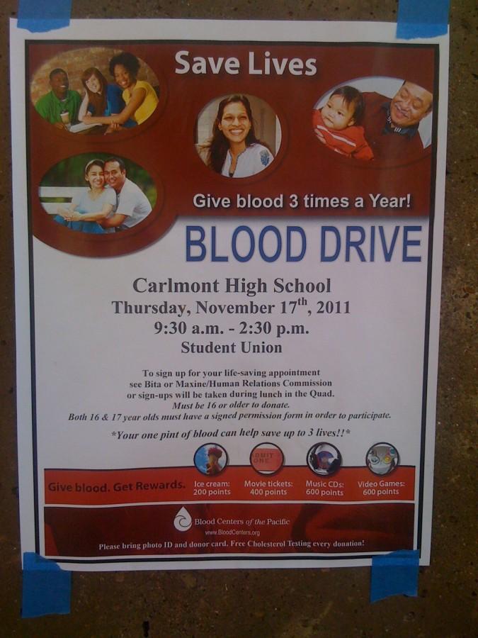 poster for Carlmonts blood drive on Thurday