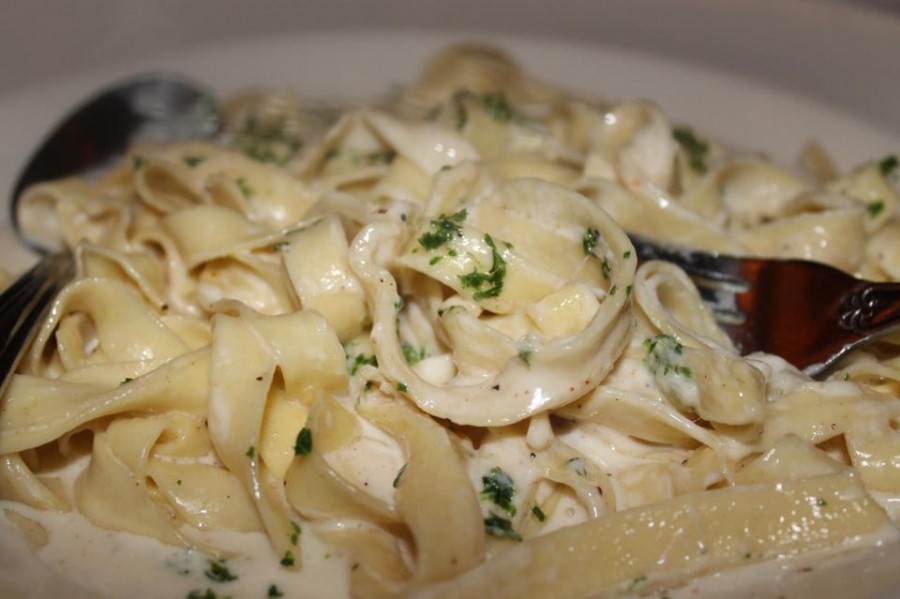 A large dish of Fettuccine Alfredo at the Cheesecake Factory. 