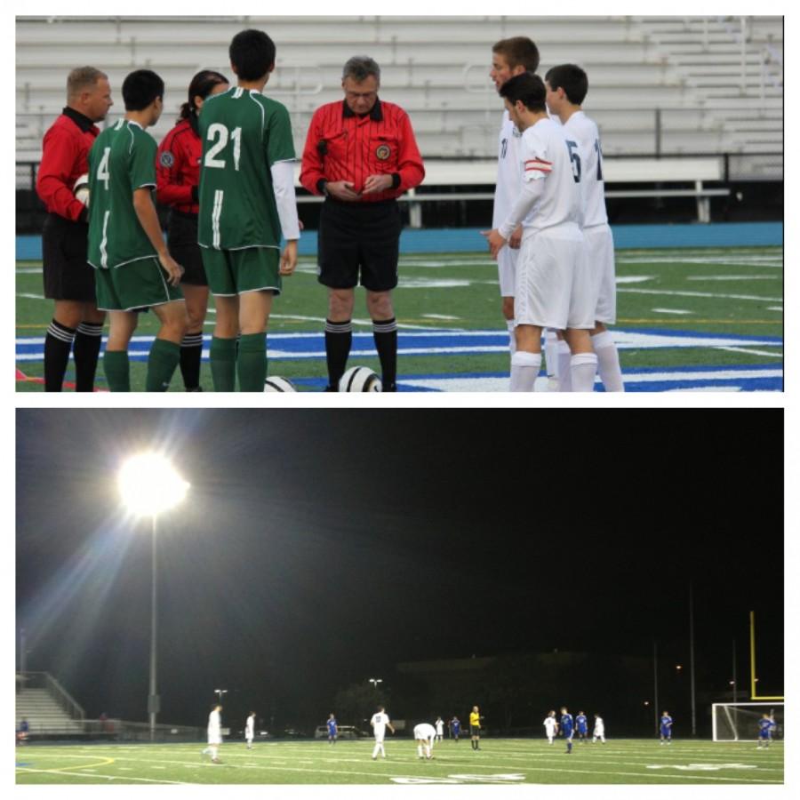 (Top Picture) Carlmont Captains, (from closest to furthest away in white) Andrew Durlofsky, Ryan Freeman, and Justin Harpster doing the coin toss. Hapster had two goals in the game Wednesday.
(Bottom Picture) Carlmont’s team Friday on a cold rainy night.