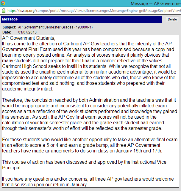 E-mail sent to AP Gov students