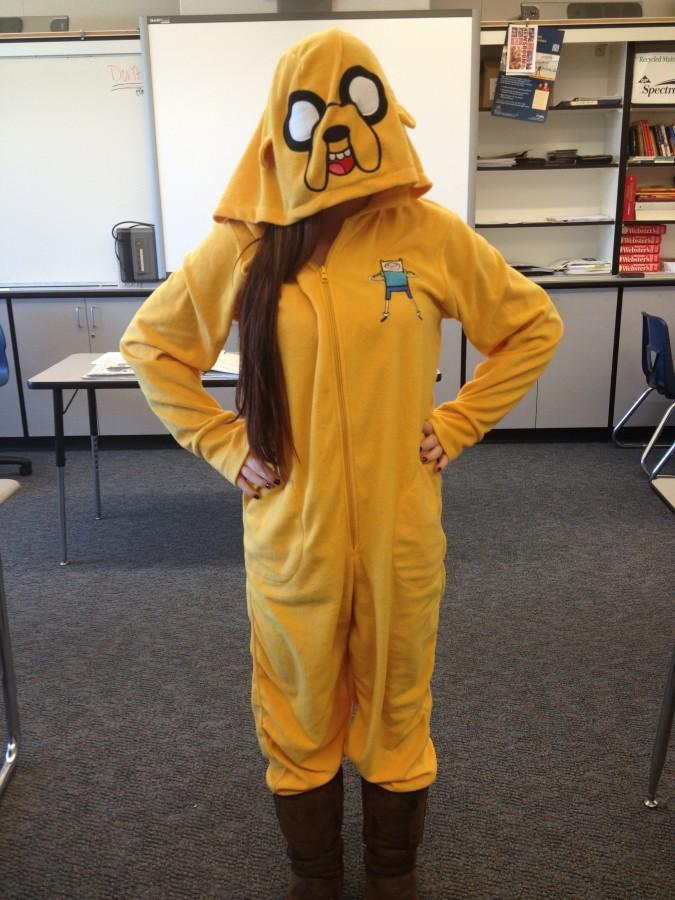 Senior Kayla Wright shows off her Adventure Time onesie