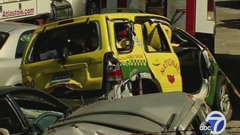 Dismembered taxi cab after fatal accident.