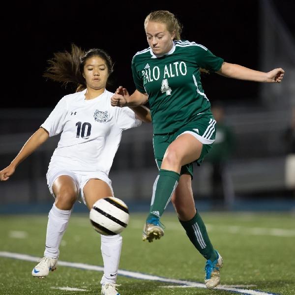 Sophomore Kayla Fong steals the ball from a Palo Alto defender.