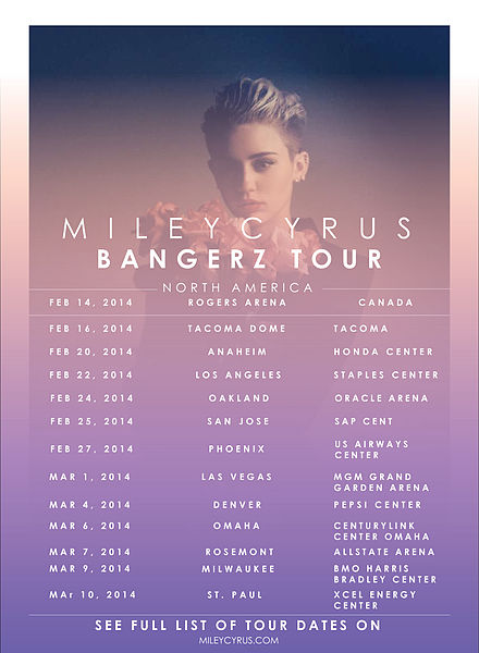 Bangerz tour dates. Photo credit to wikimedia.