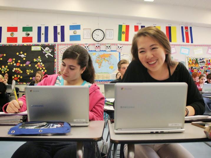 Juniors Samirah Zada and Tina Enkhbat use Samsung Chromebooks in Carly Gatzert's Spanish Three class.
