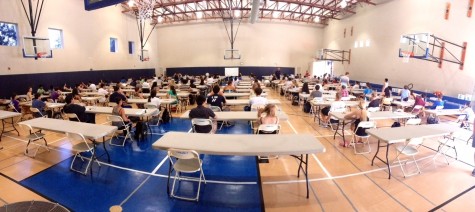 Students in the Scots Gym waiting to take the AP Economics exam.