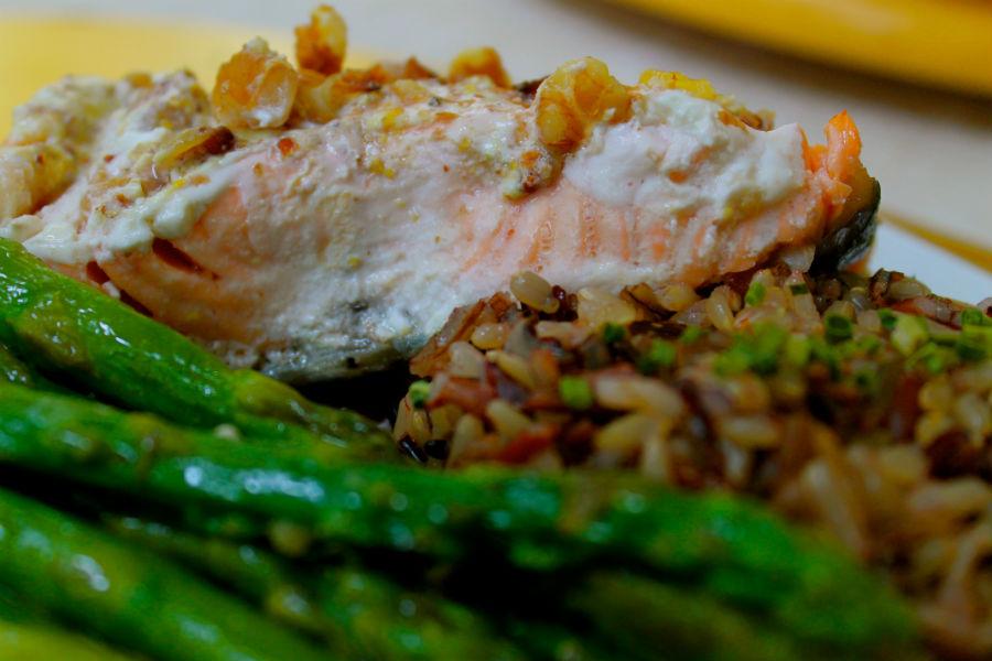 Dijon Salmon with wild rice and asparagus