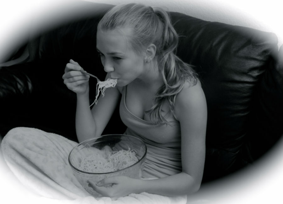 Freshman Kristina Dvorak is caught red handed eating a family sized bowl of pasta on her own. 