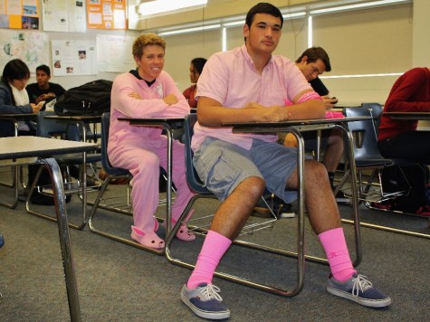 Juniors Sam Levy and Lukas Kelly displayed their spirit by wearing pink even on a day when only sophomores and juniors were present at  school due to the PSAT.