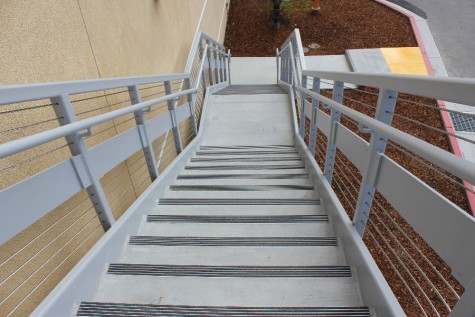 Staircases with railings lead to the upper level of the U-wing. Students can also access the second level using an elevator located at the center of the building.