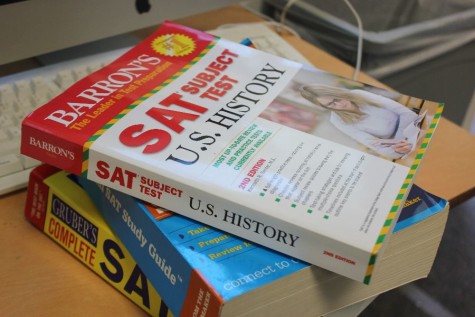 SAT books pile up in preparation for getting into college. 