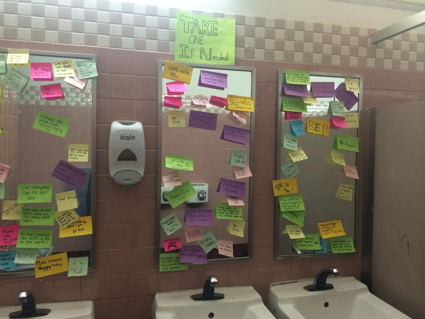 Sticky notes in the girls D-Hall bathroom