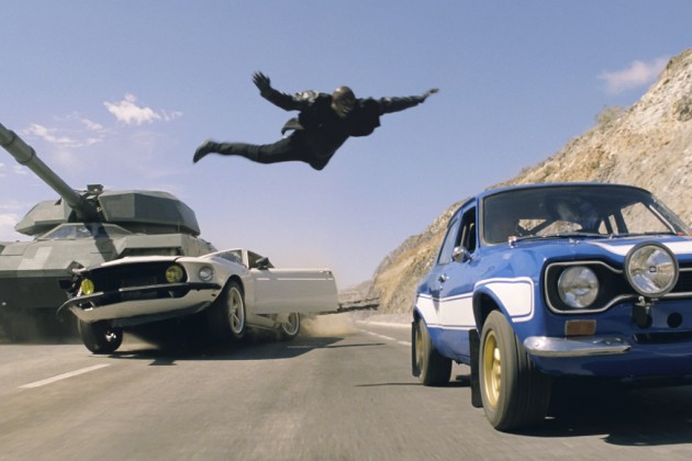 Timing the jump perfectly, this anthropomorphic flying squirrel captures the essence of Furious 7. Because human projectiles just arent as exhilarating unless there are tanks involved.