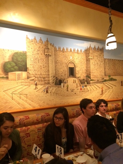 Waterfront Pizza and Mediterranean Restaurant has a mural along one of the walls that was hand painted by a relative of a Carlmont student.