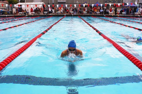 Freshman Tiffany Chung swims her breaststroke event.
