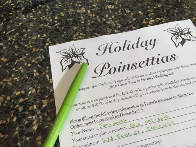 One of the many Poinsettia forms that will be passed out by Carlmont choir students this year.