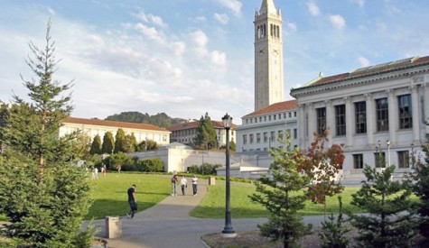 People take a walk outside on a clear day at UC Berkeley