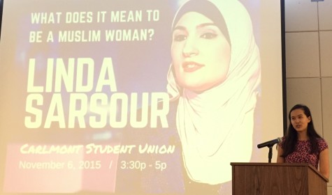 Junior Evelyn Lawrence, co-president of Carlmont Feminist Club, introduces Linda Sarsour. 