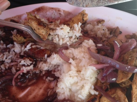 A delicious plate of Cuban black beans and rice.