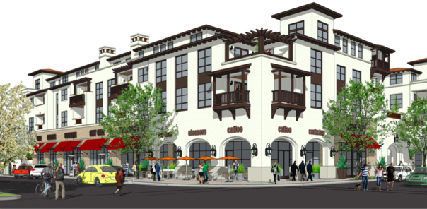 An artistic rendering shows the view of Wheeler Plaza development as seen from the Walnut Street and San Carlos Avenue intersection.