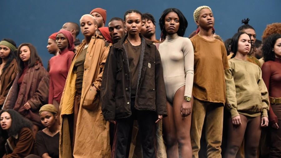 Predominantly black models pose for Kanye Wests Yeezy Season 3, which debuted in Madison Square Garden in New York. 
