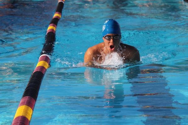 Junior Alejandro Aguirre swims his breaststroke event.
