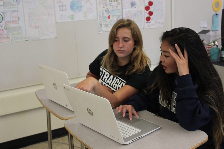 Sophomores Talia Fine and Olivia Chow share their knowledge on an assignment.