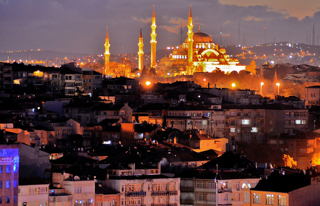 Turkey's peacfulness is shown when it is lit up at night.