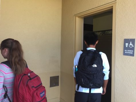 During lunch, juniors Matt Matias and Isabelle Boynton instinctively enter the previously assigned restrooms of their gender in the now all-gender restrooms.