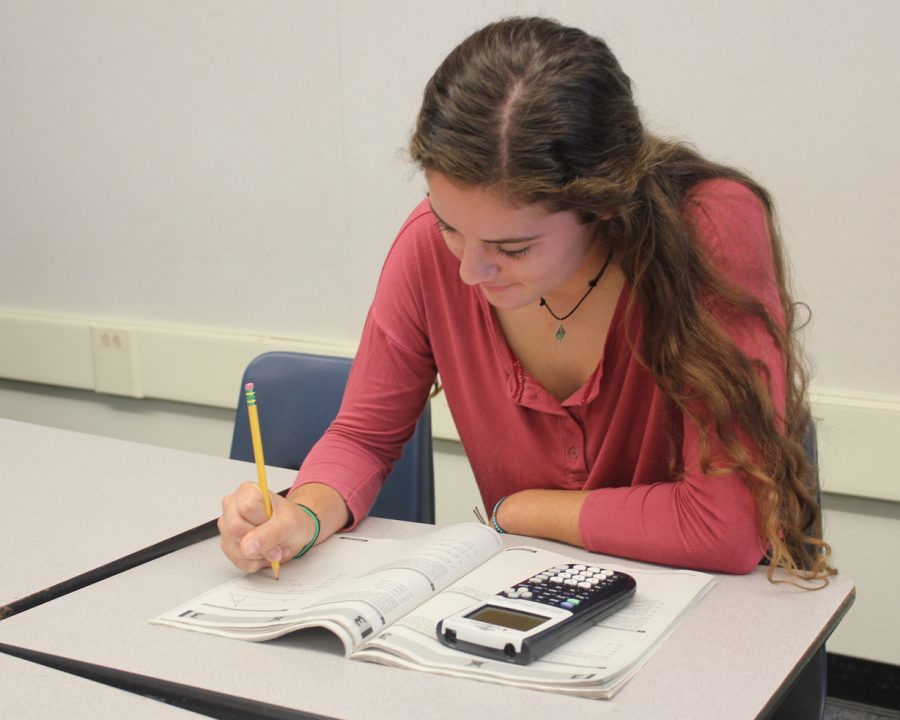 Eleventh-grader Angela Grundig studies for the PSAT using a booklet that Carlmont provided.