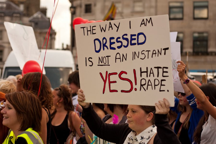 All over the world, women held protests and rallies in an effort to raise awareness about rape and sexual assault. This is a picture from a Slutwalk meeting in London, at which women held signs promoting the idea that it is not a womens fault if she is raped. 
