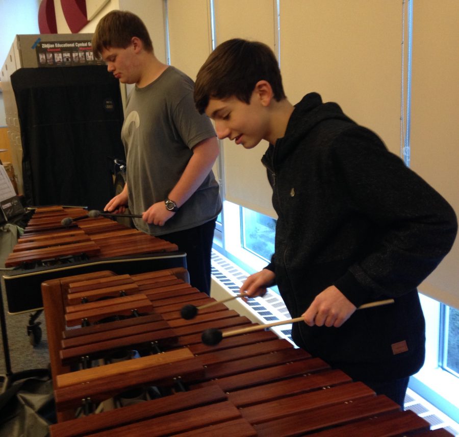 Marimbas before class. Sophomores William Yonts and Justin Sundermeyer play the marimbas before 2 period orchestra. Everyday before class, the two can be found playing the percussion instruments together, and bonding as friends. “You can see the friendships being made out there through music all the time” said music director John Dabaldo.
