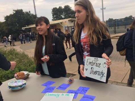 Carlmont juniors Kiran Boone and Kalea Pasion promote diversity on campus by helping with lunch time activities.  