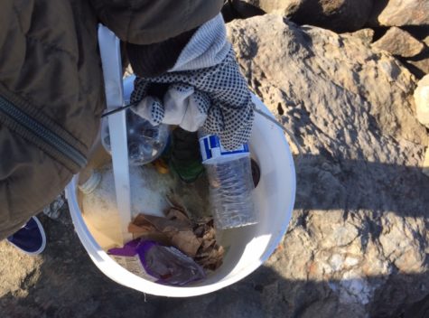 Ocean Club President Liam Gunning collects trash on a beach clean-up club outing.
