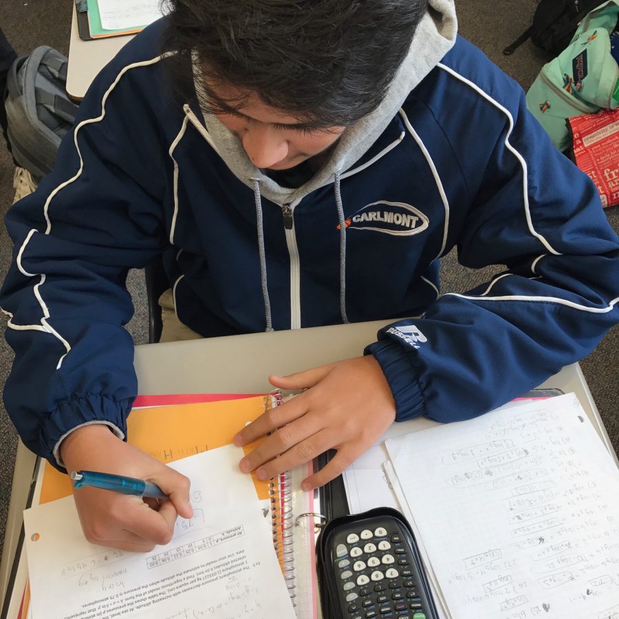 Basketball team member Manav Manocha focuses on his math homework. 