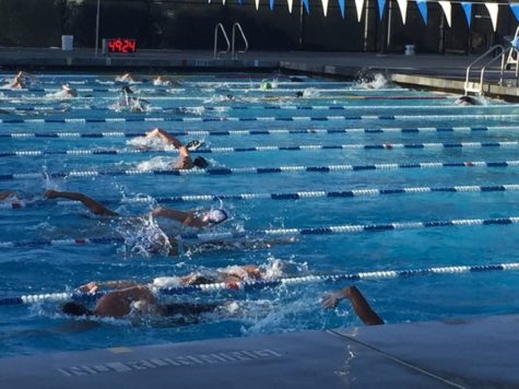 Carlmont swimmers practice under the trained eyes of their coach at practice on Feb. 16.