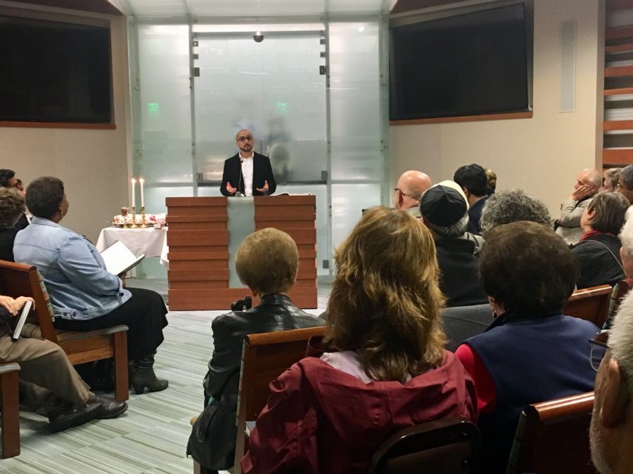 Yazan Ibrahim gives the sermon at a Friday night service at Peninsula Temple Sholom.  Jews and Muslims have more in common than we sometimes care to admit, said Yazan Ibrahim during the sermon.