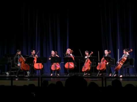 One noteworthy piece played was “The Cello Song,” written by Steven Sharp Nelson. It was played as a septet by the Symphony Orchestra cellists. Senior Jillian Yong, third from the right in the photo, said, “I think performing as a part of a group makes a big difference.
