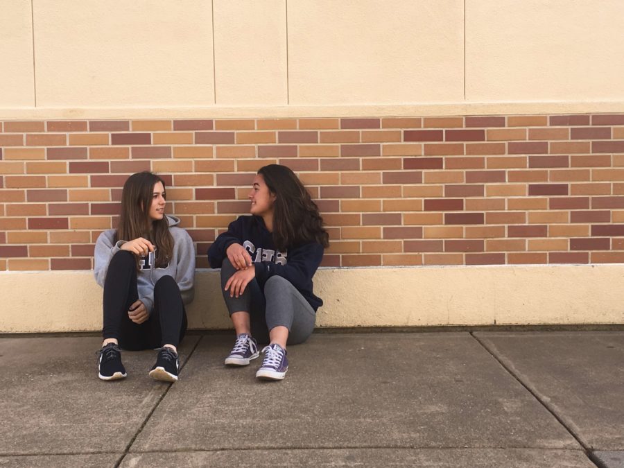 Sophomores Aimee Kanadjian and Sanni Karhiaho wear Carlmont sweathsirts. This is a common way that many students show their school spirit on a daily basis.