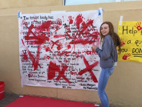 Maddie Standlee, a sophomore, stands in front of a poster covered in derogatory comments made by public figures. The quotes are being painted over for an activity celebrating Gender Equality Week. 