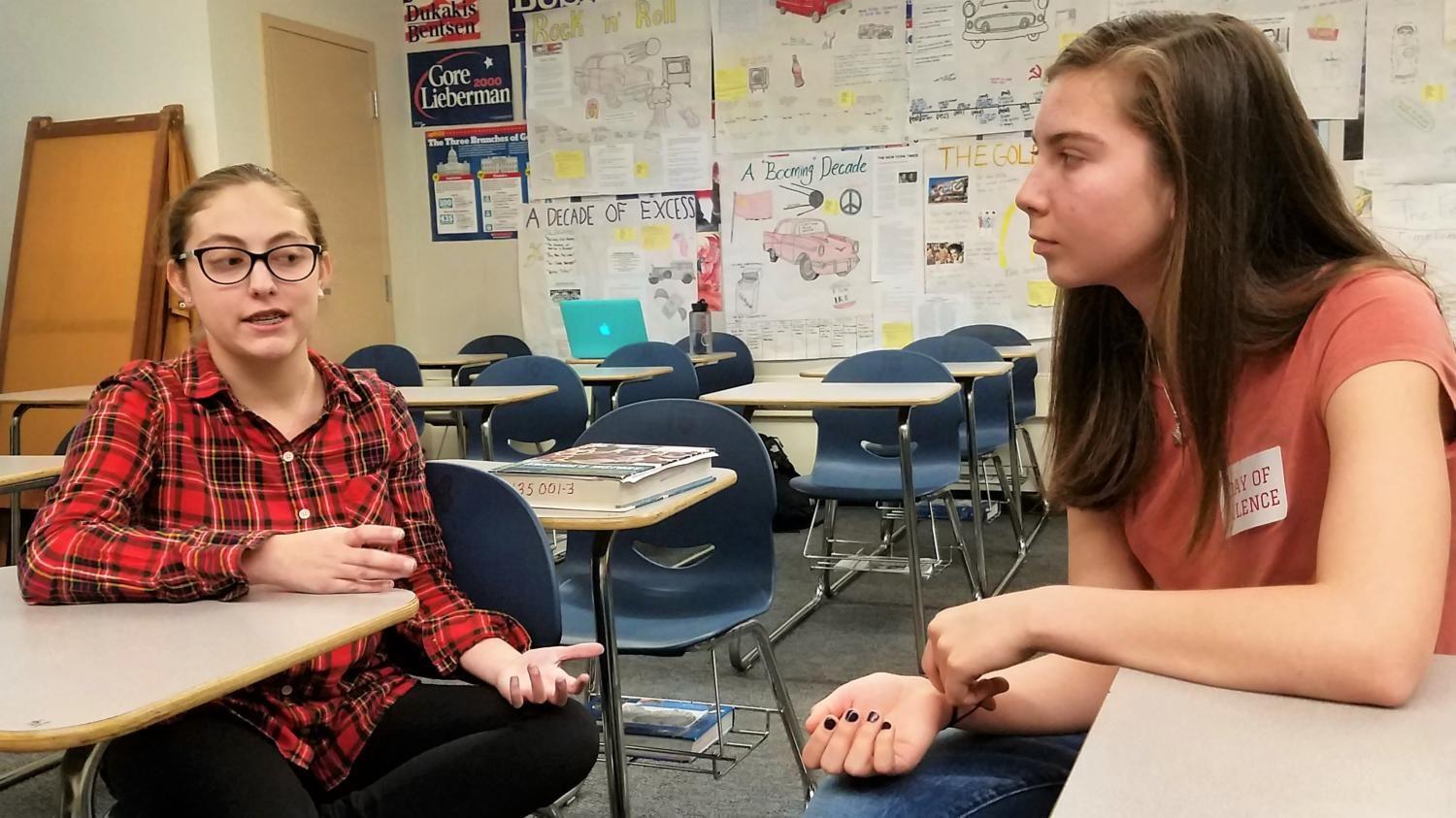 Sarah Selman and Isabel Harnett discuss the future of the Democrats Club. Their meetings take place in room E6 when called upon.