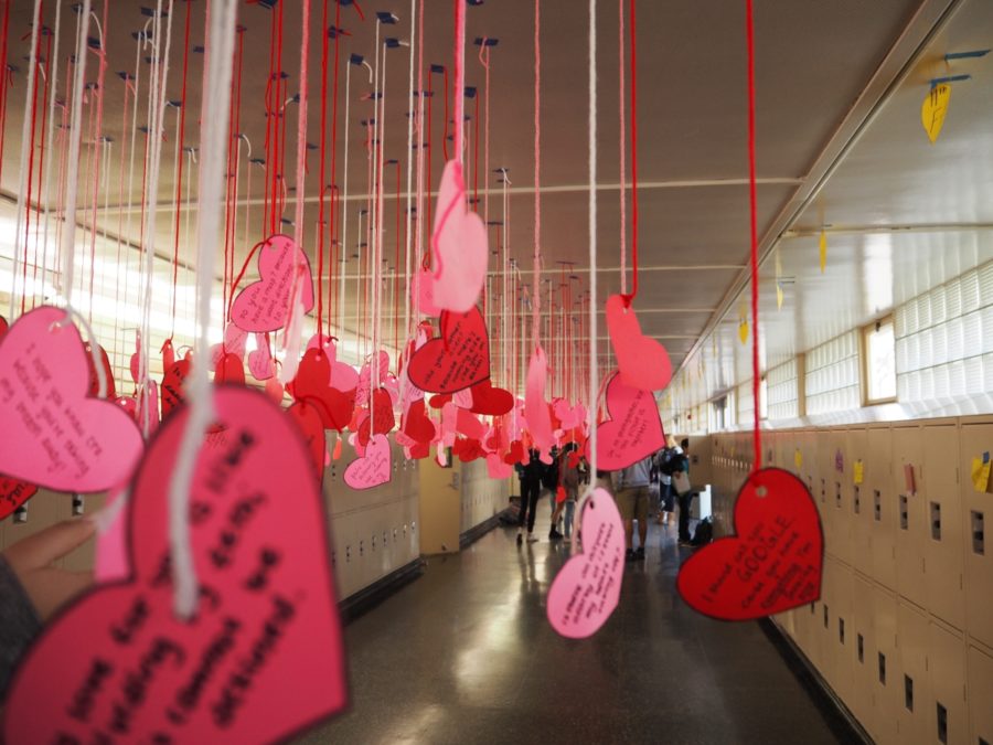Every year on Valentine's day, Recognition hangs heart-shaped valentines in C-hall for every student at Carlmont to ensure that everyone feels included.