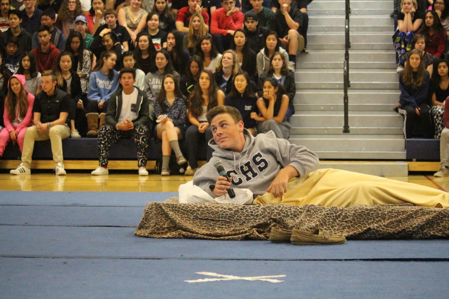 The 2016 Celebration Assembly included skits influenced by common bedtime stories. Class of 2016 graduate, Timmy Miller, started off the assembly on a pretend bed.