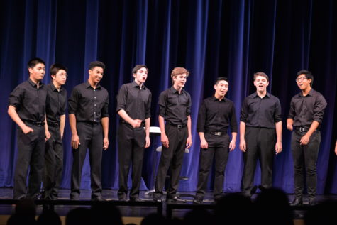 Fine Tuning, Carlmonts only all-male a cappella group, performs The Lion Sleeps Tonight at the Choral Spring Concert.