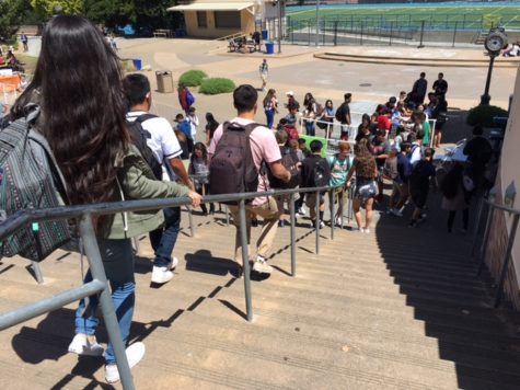 Students head down the quad stairs at the beginning of lunch to receive their free copies of Every Day by David Levithan.