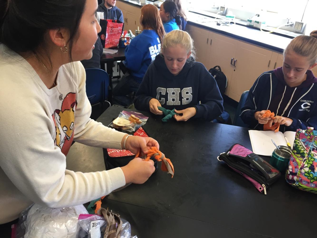 At their past meeting, members of Hope Brigade created toys from shredded tags and shirts for shelter animals. Club President Cindy Chen, a freshman, teaches club members how to make these toys.