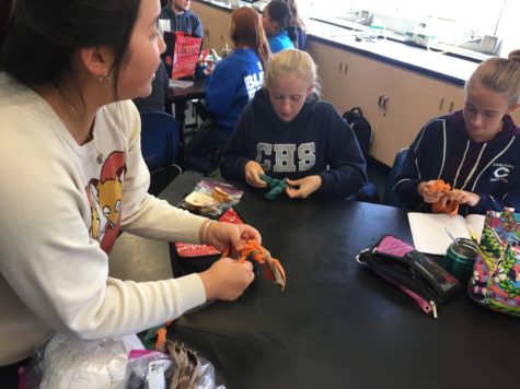 At their past meeting, members of Hope Brigade created toys from shredded tags and shirts for shelter animals. Club President Cindy Chen, a freshman, teaches club members how to make these toys.