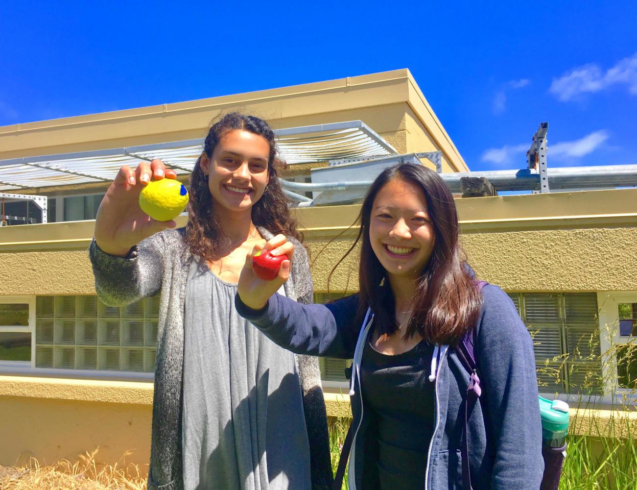 Relaxation Club co-founders Sophie Srivastava and Samantha Owyang, both juniors, display stress balls they made themselves as part of a club activity.
